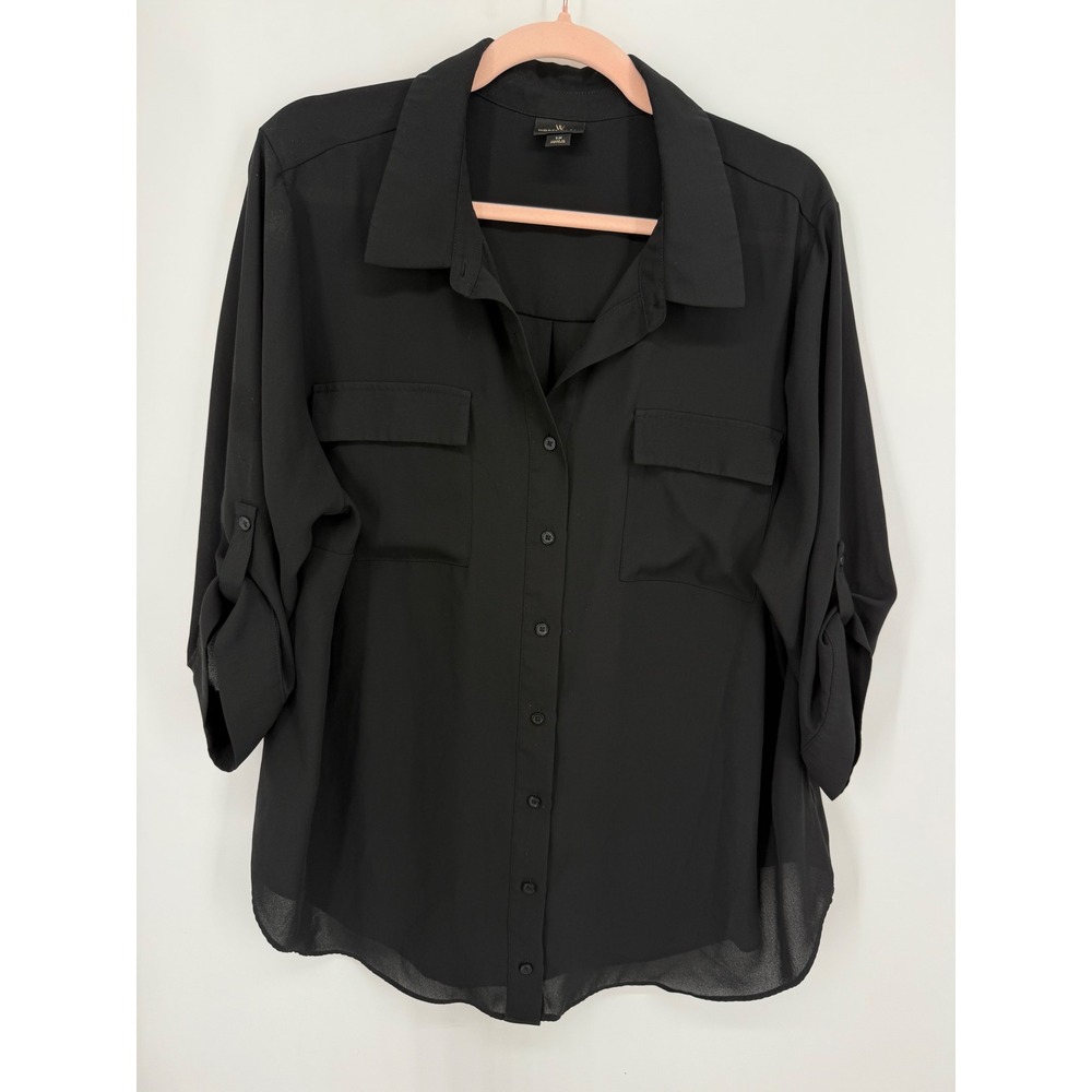 Worthington Woman Blouse Women 1X Black Roll-Tab Sleeve Button Down Pocket